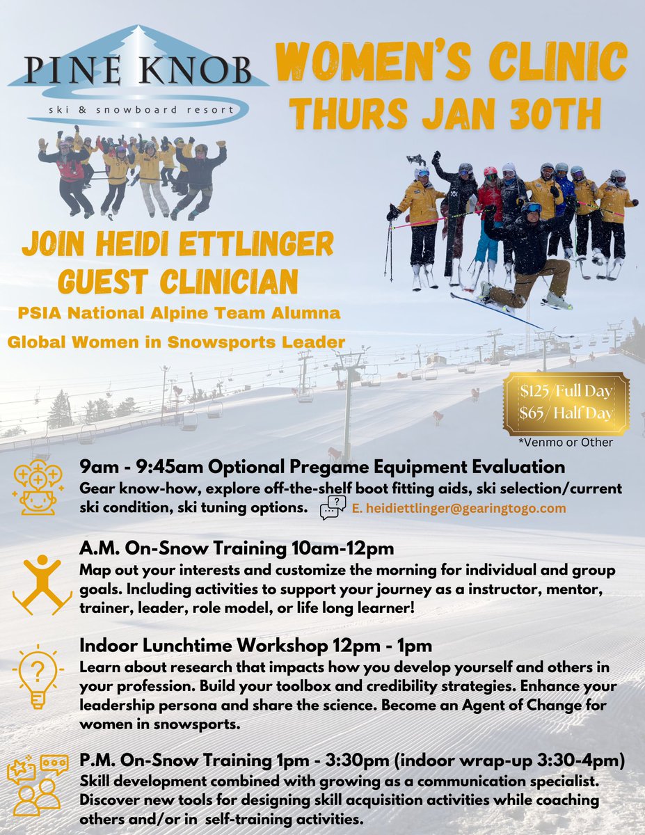 PineKnobSkiing's tweet image. ⭐️ Women’s Ski Clinic ⭐️ Join us Thursday, Jan 30 w/ guest clinician Heidi Ettlinger to expand your coaching toolkit, elevate your on-snow technique, &amp;amp; empower fellow women snowsports enthusiasts.

🎿 pineknobskischool.com/events.html

#SkiMichigan #WomenSki