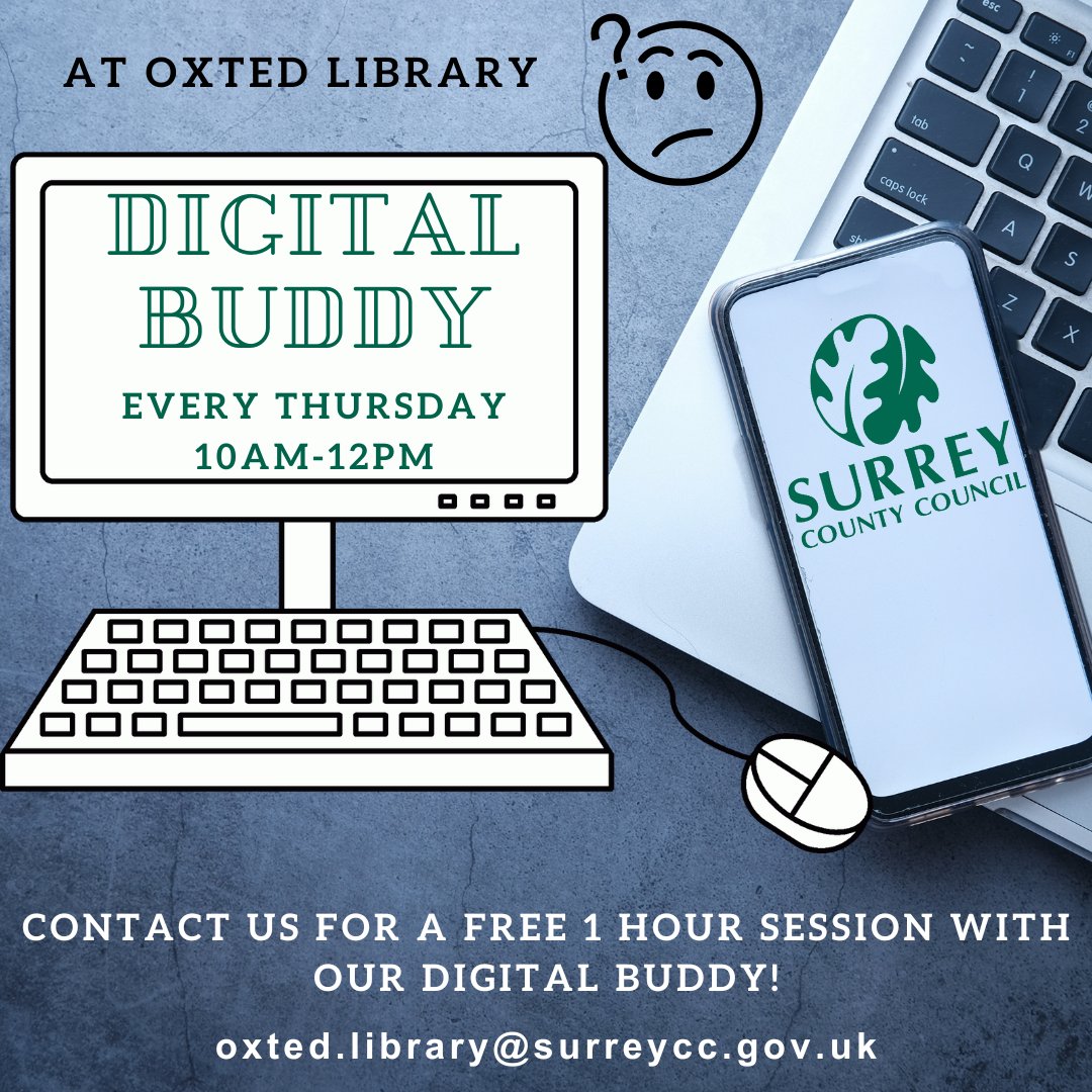 OxtedLibrary's tweet photo. 💻 Need help with technology? 📱
Book a Digital Buddy session at #OxtedLibrary!
📅 Every Thursday
⏰ 10am-12pm
📍 Free 1-hour sessions available
Get help with emails, online forms or using your device! Contact us to book: oxted.library@surreycc.gov.uk or ask at Help Desk https://t.co/BhNKuBYghD
