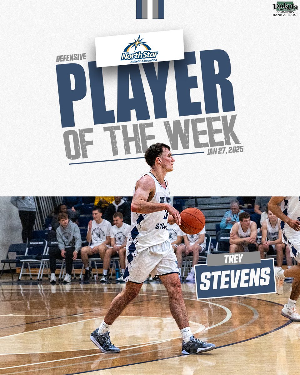 🏀| Trey Stevens of <a href="/BlueHawkMBB/">Dickinson State MBB</a> has been named NSAA Men's Defensive Player of the Week!

🔗: playnorthstar.com/news/2025/1/27…

#HawksAreUp
