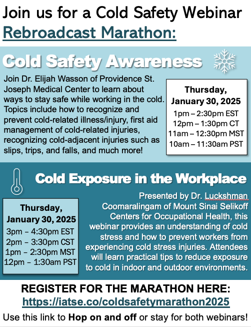 IATSE's tweet photo. Join Dr. Elijah Wasson of Providence St. Joseph Medical Center to learn about ways to stay safe while working in the cold. Topics include how to recognize and prevent cold related illness/injury, first aid management of cold-related injuries, recognizing cold-adjacent injuries such as slips, trips, and falls, and much more!  

Register here: https://t.co/hfS4RhVfn5