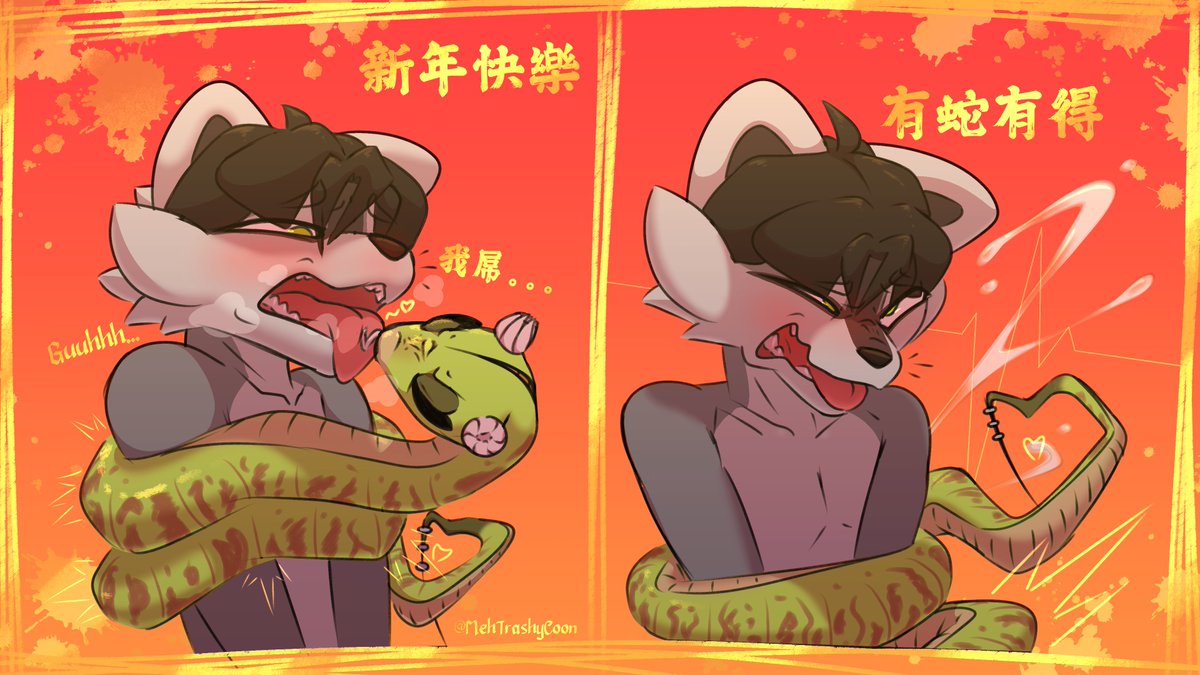 MehTrashRaccoon's tweet photo. Happy Chinese Year everyone 🧧🧨💥!!!
Wishing you all a very pleasant Year of the Snake🐍
Slower animation progress this coming week since I'm living in Hong Kong BUT enjoy some Master Viper action :v
And I'll catch y'all later~ much love💚
#nsfw #furryart #masterviper #CNY2025 https://t.co/9uRKLj3Ivh