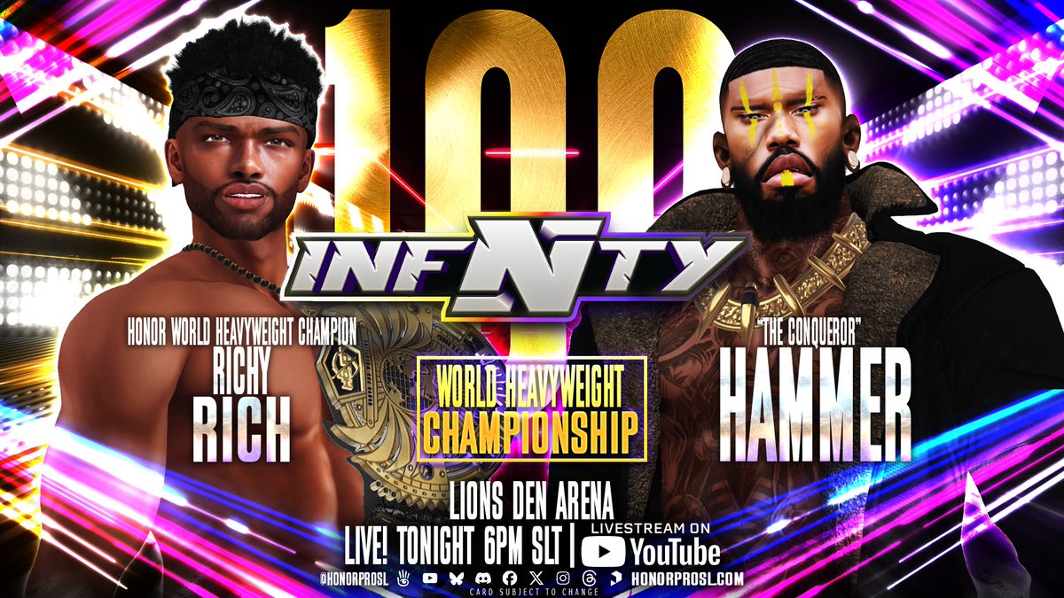 HonorPro_SL's tweet photo. INFINITY #100 is LIVE at 5:30pmSLT!
Main Event: The only way we could close out the show. With a classic challenge for the HPW Heavyweight Championship of the world

HPW Champion
Richy Rich
vs
Hammer

#SecondLife LM: 📌
https://t.co/mbmrTFrd1t https://t.co/SKavtQ7CZy