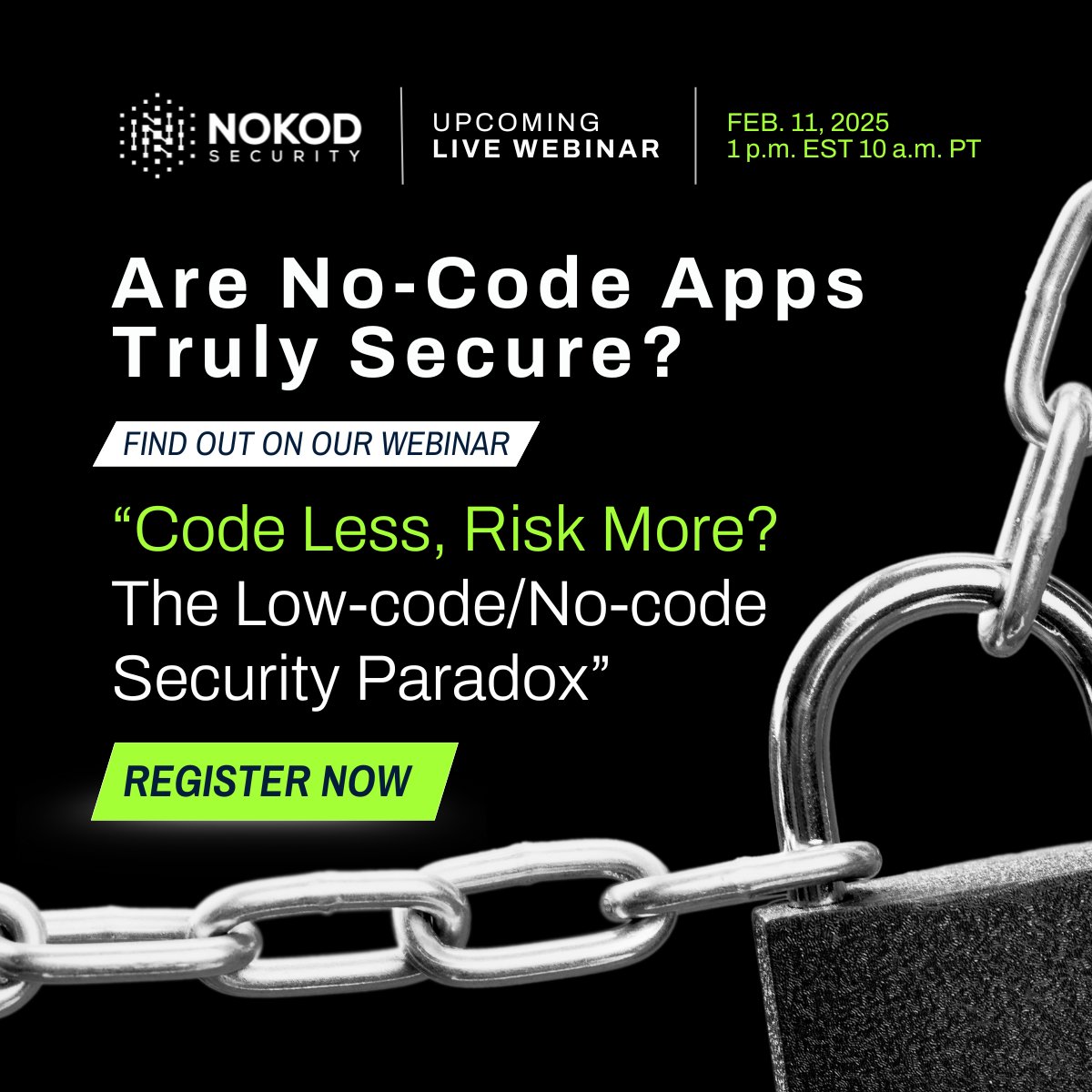 NokodSecurity's tweet image. Think low-code/no-code apps are just an internal risk?
Think again. Citizen-led apps handle sensitive enterprise data—but how much of that data is unknowingly exposed to external attackers?
Join us on Tuesday, February 11, 2025, at 1 pm EDT (10 am PT | 6 pm BST) for a webinar…