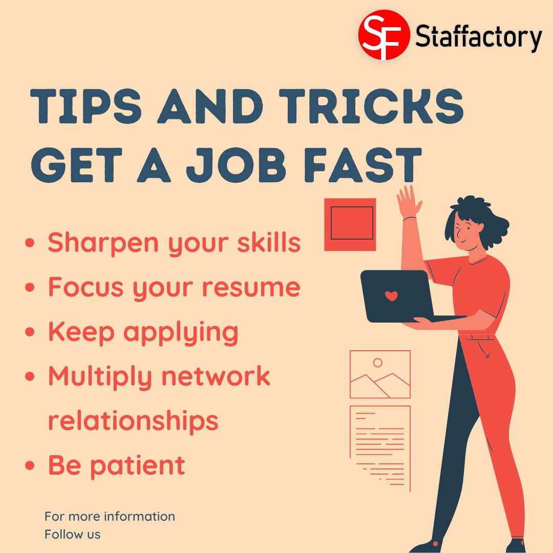 WorkForceShop's tweet image. 🚀 Want to land your dream job fast? Here&apos;s how:
✔️ Sharpen your skills
✔️ Tailor your resume
✔️ Apply consistently
✔️ Build your network
✔️ Stay patient &amp;amp; persistent
Follow @staffactory  for more job search tips! #JobSearch #CareerTips #GetHiredFast