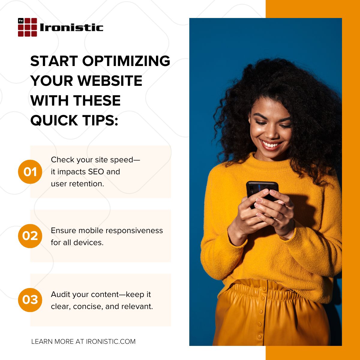 IronisticWeb's tweet image. Is your website working for you? A website audit can uncover opportunities to improve performance and user experience. Below are 3 quick tips to get started!
#WebsiteAudit #BusinessGrowth #WebOptimization
