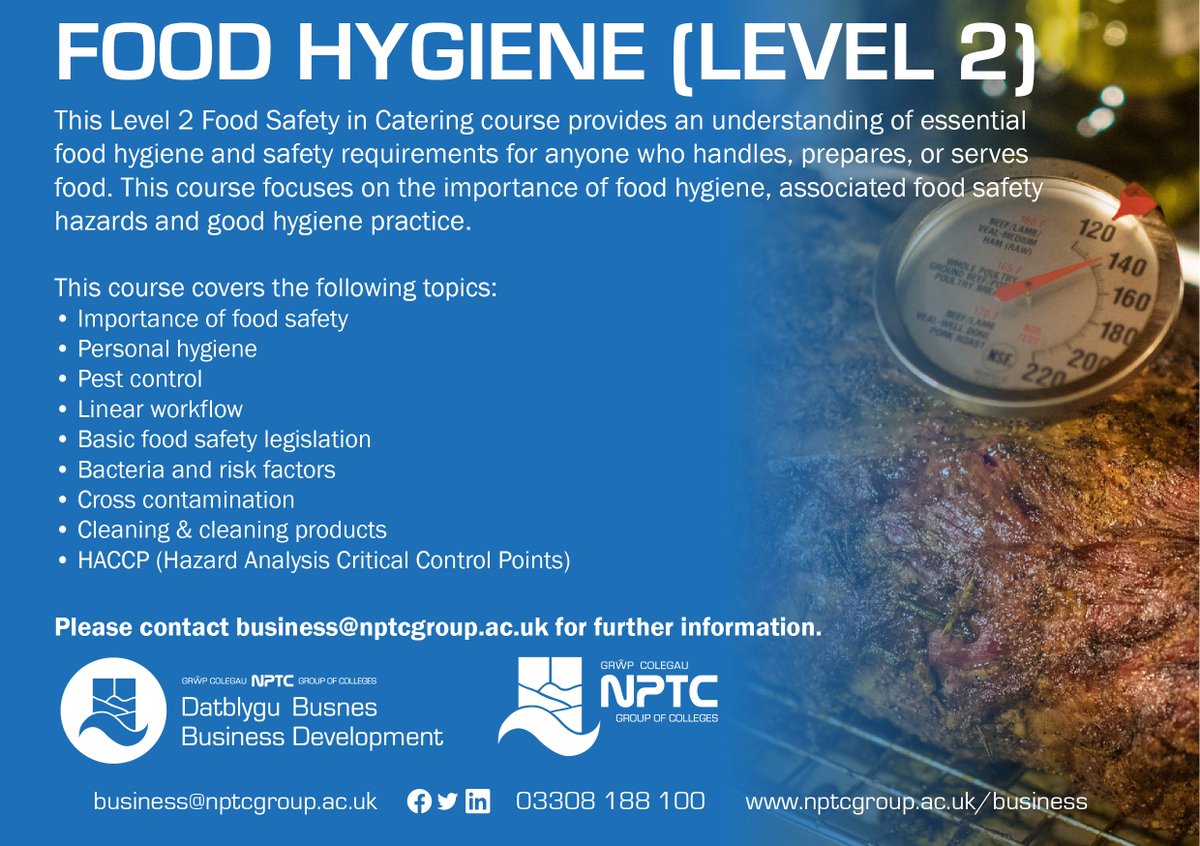Spaces Available!

We are running a Food Safety in Catering course on 24/02/2025. #Funding is available, subject to eligibility!

Find out more: nptcgroup.ac.uk/courses/level-…
Funding: bit.ly/Funding-Opport…

#FoodHygeine #PartTimeCourses