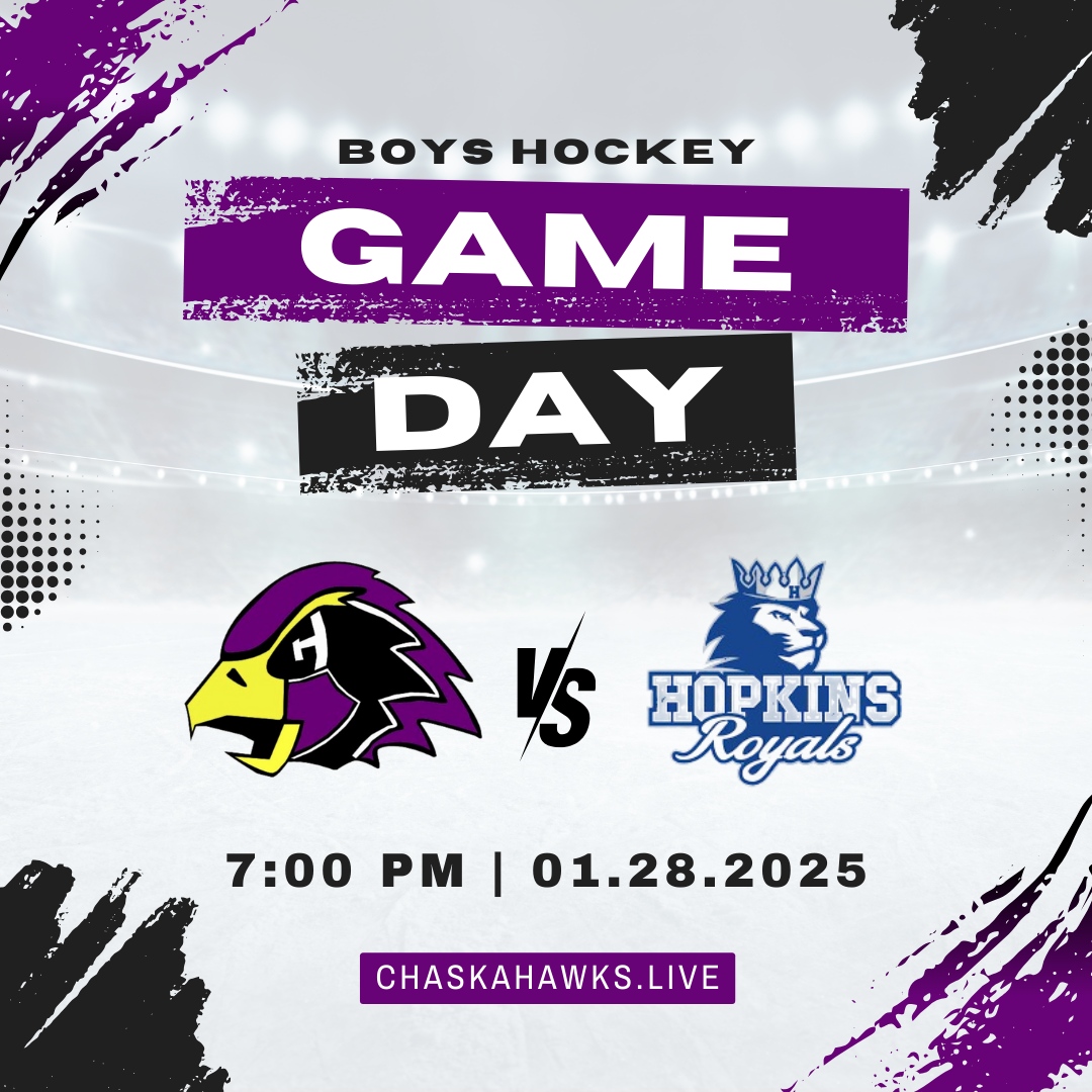 🏒 <a href="/CHSboyshockey/">Chaska Boys Hockey</a> vs <a href="/HopkinsBoysPuck/">Hopkins Boys Hockey</a> at 7 PM! 🏒
🎯 Time for some fast-paced hockey—join us!
📲 Stream live: chaskahawks.live

#ChaskaHawks #HopkinsRoyals #BoysHockey #GameTime