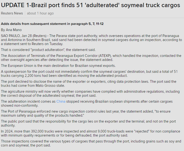 🇧🇷Sand has been found in at least 51 #soymeal truck cargoes upon port inspection in Brazil: