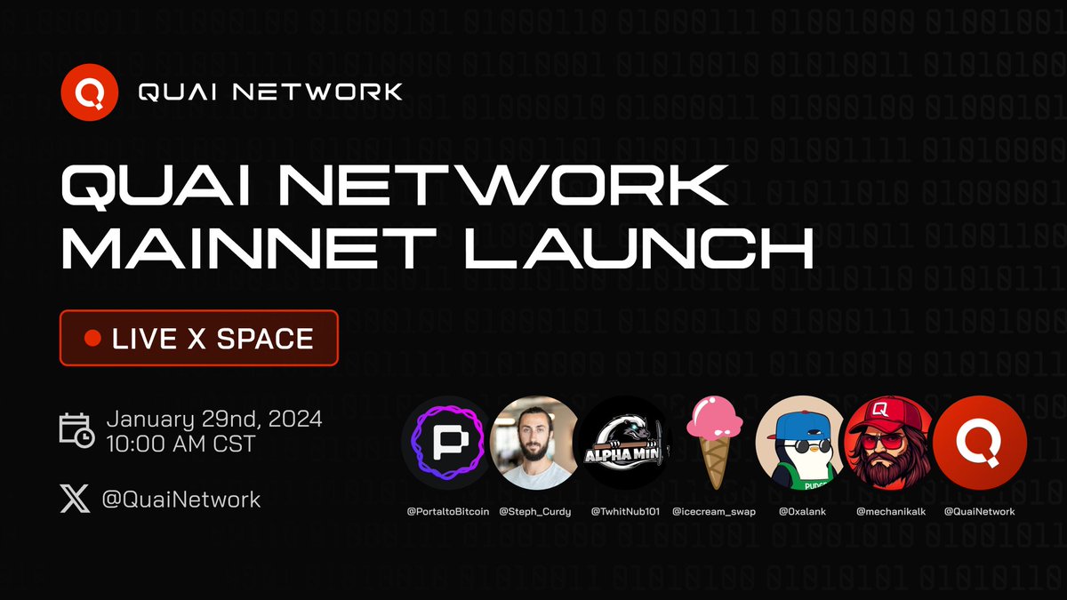 QuaiNetwork's tweet photo. 🎙️Quai Network Mainnet Launch Space! 🎉

📅 Join us for a live X Space on January 29th, 2024 at 10:00 AM CST

We'll journey through the testnets, mainnet rollout stages, and discuss what's next for Quai!

What are you most excited about with the mainnet launch? 

🔗 https://t.co/PHzUVzuyju