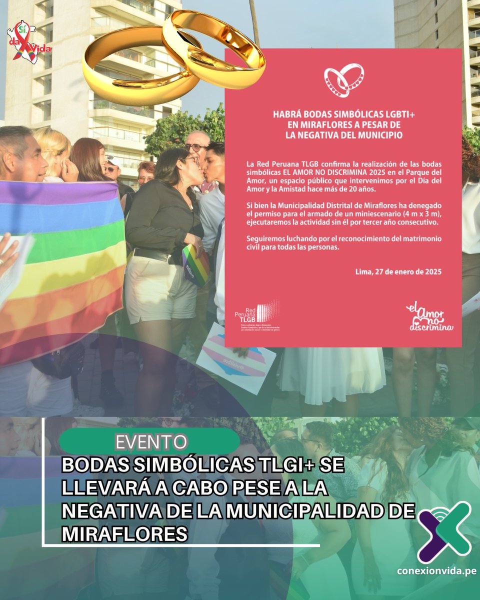 ConexionVida_pe's tweet photo. 📷 A pesar de la negativa de la @MuniMiraflores , que no ofreció alternativas para reprogramar ni facilitar un escenario, la @redperuanatlgb confirma que las "Bodas Simbólicas #TLGBI+: El Amor No Discrimina" se realizarán este año como se viene realizando hace más de 20 años. https://t.co/LJNg9DDEi9