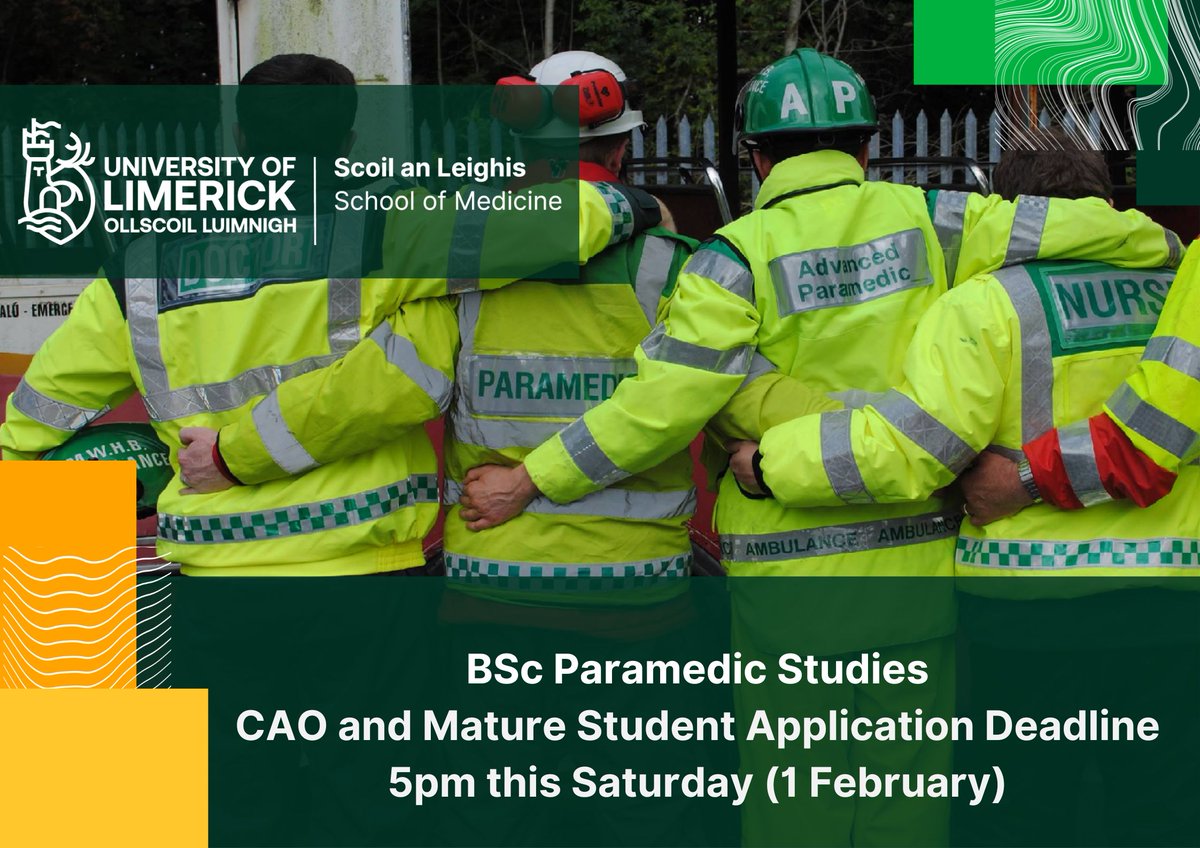 🚨CAO and mature student applications for 2025 are closing this Saturday at 5pm. For information on the BSc Paramedic Studies and to apply, click the link  ul.ie/courses/bachel…🚑 #StudyAtUL #Paramedicstudies <a href="/ProfColumDunne/">Colum Dunne</a>