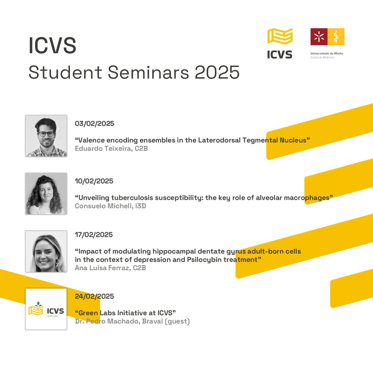 Seminars are back at ICVS! Mark your calendar with the upcoming ICVS Student Seminars starting February 3rd (1PM) with Eduardo Teixeira's “Valence encoding ensembles in the Laterodorsal Tegmental Nucleus” at the A0.02 auditorium in UMinho’s School of Medicine.
