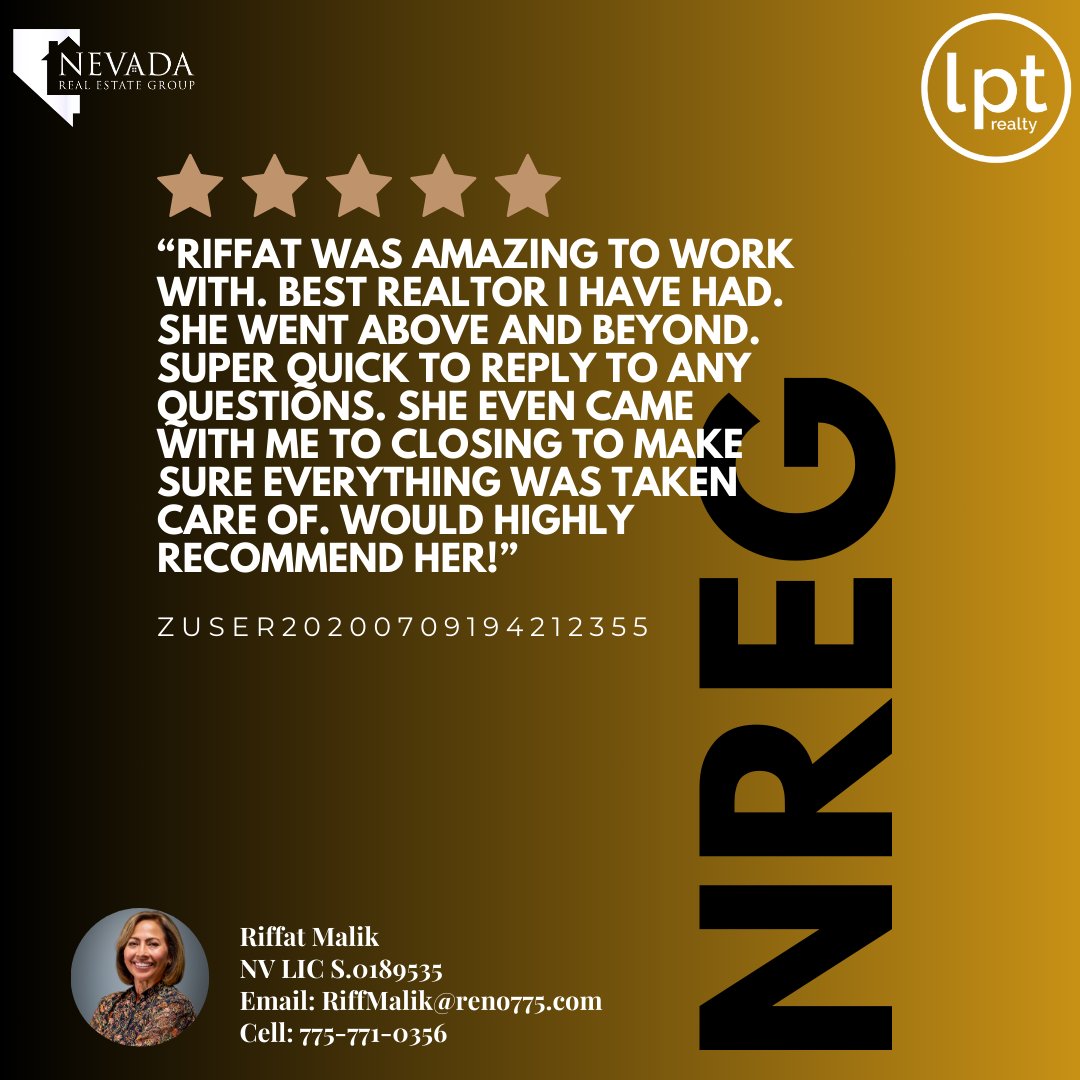 RenoHomeExperts's tweet photo. ⭐️⭐️⭐️⭐️⭐️ Congrats to Riffat Malik on another glowing 5-star Zillow review! 
Your dedication to excellence and client satisfaction shines bright. 🌟 #NevadaRealEstateGroup #5StarAgent #ClientLove https://t.co/1v2KX8i0Ss
