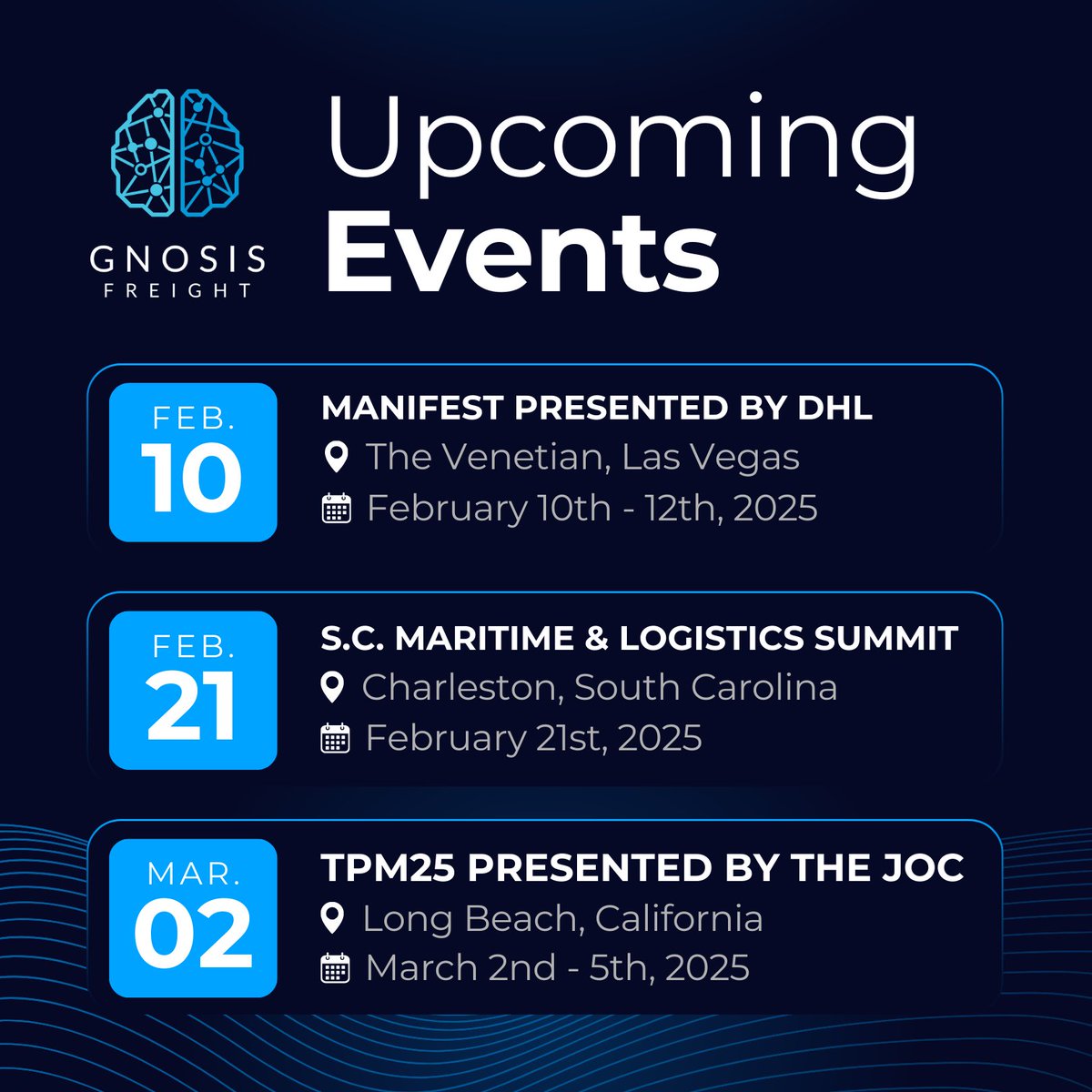 We've got some upcoming events on the horizon. If you'll be attending Manifest, TPM, or the South Carolina Maritime &amp; Logistics Summit and want to connect with a member of the Gnosis Freight team, let us know!