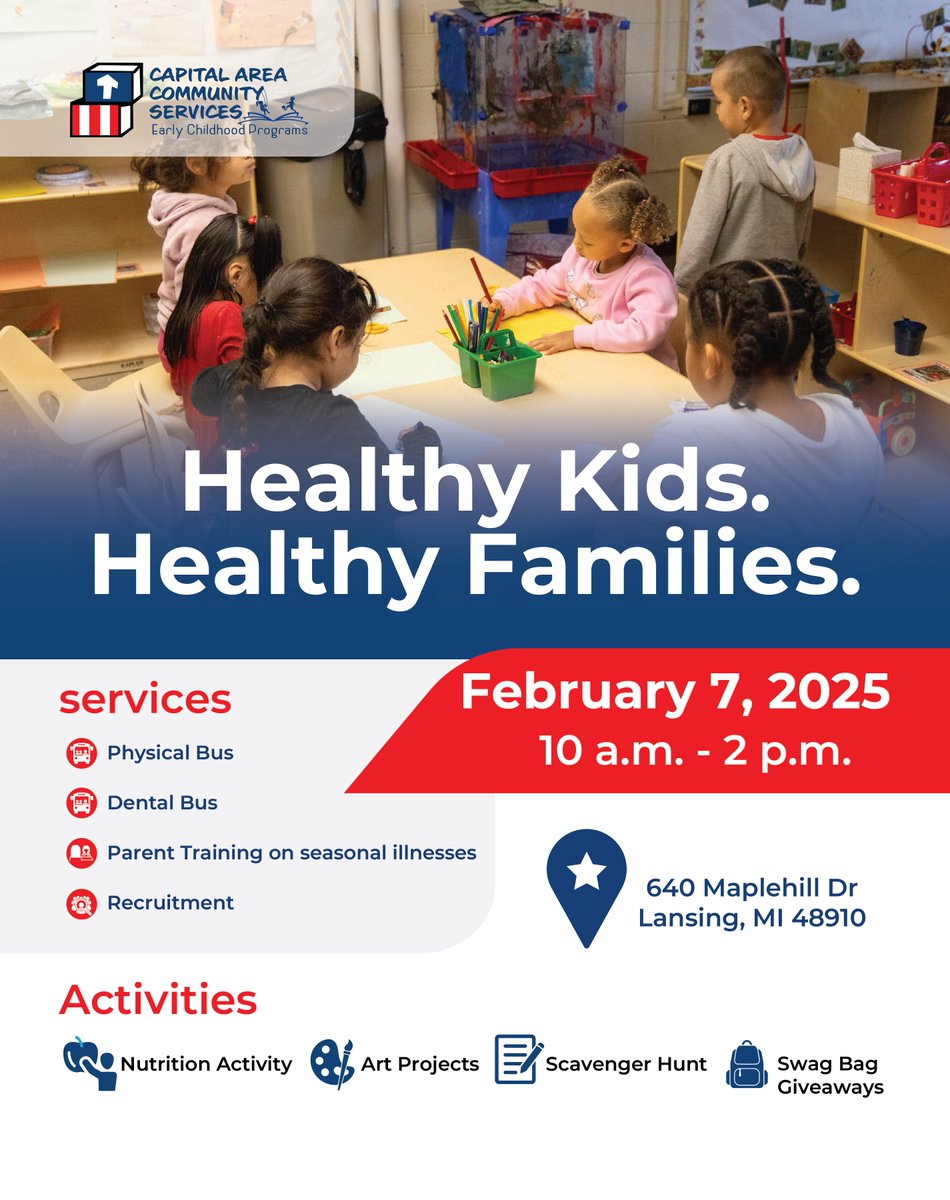 Join us February 7, 2025, for a day of fun and wellness! This exciting event is open to everyone, including current and potential Head Start kiddos! Please contact Kristy Caretti @ 517-897-6522 to RSVP. RSVP not required but appreciated! 
#Healthykids #HealthyFamilies #cacskids