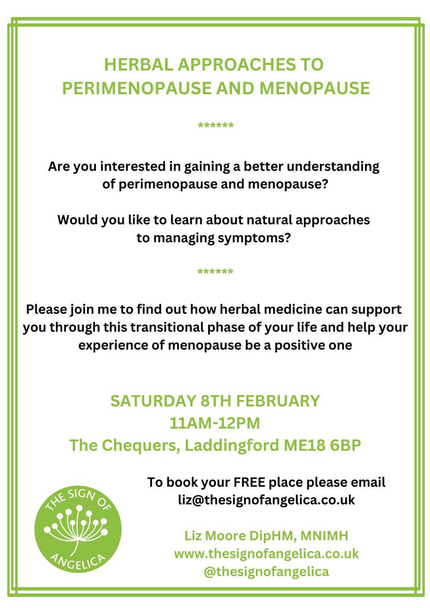 If you would like to book your free place at this informal talk by @thesignofangelica please email liz@thesignofangelica.co.uk 
Saturday 8 February at The Chequers Garden Room #herbalmedicine