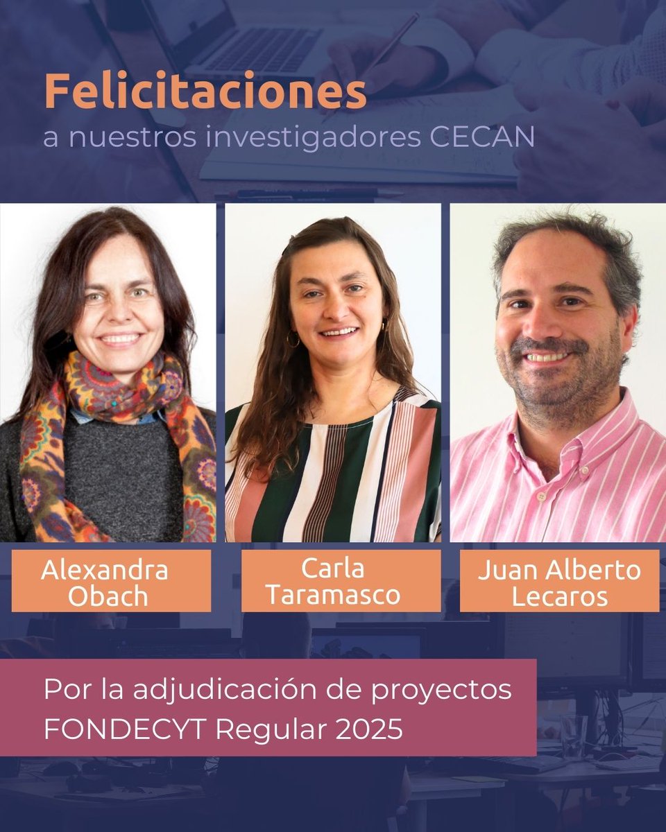 🎉 ¡Felicitaciones a nuestros investigadores CECAN Juan Alberto Lecaros, Alexandra Obach y Carla Taramasco! 🎉

Nos llena de orgullo anunciar que cada uno ha sido adjudicado con un FONDECYT, un reconocimiento a su arduo trabajo y dedicación en la investigación

¡Mucho éxito!🚀🔬