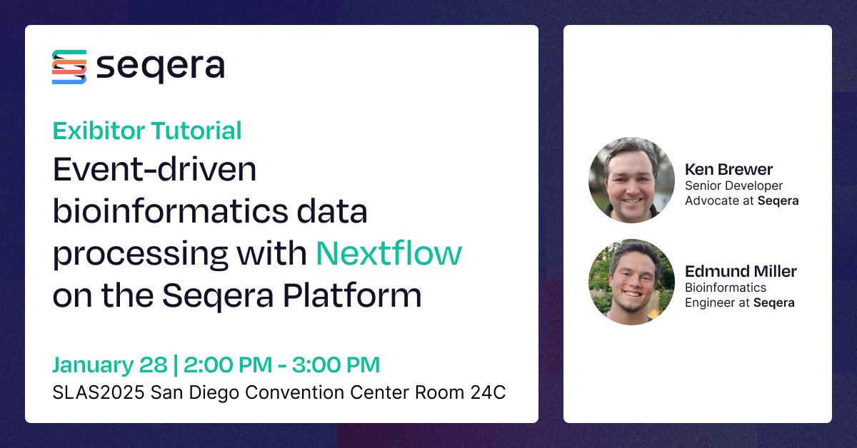 Seqera (@seqeralabs) on Twitter photo Attending #SLAS2025? Don't miss our exclusive Exhibitor Tutorial at 2:00 PM today in Room 24C! 
In this talk, we will discuss how <a href="/nextflowio/">Nextflow</a> and Seqera are simplifying the analysis of large-scale sequencing and cell imaging data!
🔗 Can't attend? Get the recording instead: Attending #SLAS2025? Don't miss our exclusive Exhibitor Tutorial at 2:00 PM today in Room 24C! 
In this talk, we will discuss how <a href="/nextflowio/">Nextflow</a> and Seqera are simplifying the analysis of large-scale sequencing and cell imaging data!
🔗 Can't attend? Get the recording instead: