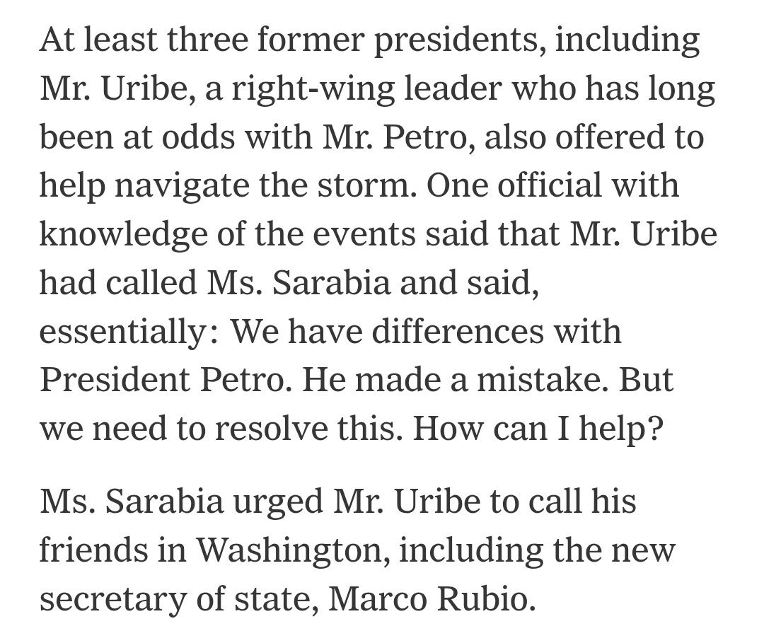 El New York Times revela que fue el expresidente Alvaro Uribe Velez quien resolvió la crisis diplomática con los Estados Unidos ocasionada por el descontrol emocional de Gustavo Petro.

La nueva Canciller Laura Sarabia fue quien lo llamó para pedirle ayuda. Extraordinario.