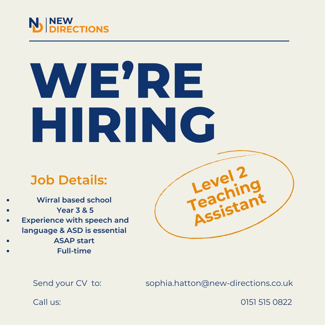 🍎 We are currently looking for an experienced Level 2 Teaching Assistant for a fantastic Wirral-based primary school.

This is a fabulous opportunity to work in a welcoming primary school on a long-term basis, supporting children across their Year 3 &amp; Year 5 classes. 🌟