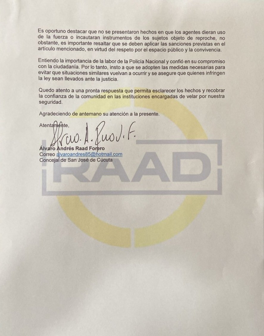 Como concejal del Centro Democrático, me pronuncié frente a los actos vandálicos ocurridos en el puente Carlos Ramírez París, solicitándole formalmente al comandante de la Policía Metropolitana de Cúcuta, que se hagan las actuaciones correspondientes ante los hechos conocidos.