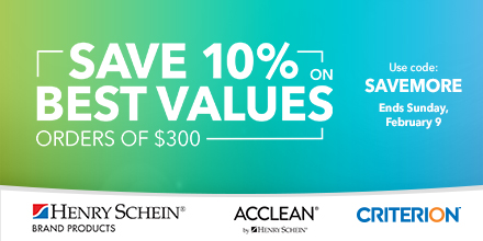 Stock up and save on Henry Schein Brand, ACCLEAN, and Criterion supplies for a limited time.

☑️ Use Code: SAVEMORE
⌛  Ends 2/9/25
Shop now: bit.ly/3qjr2sn