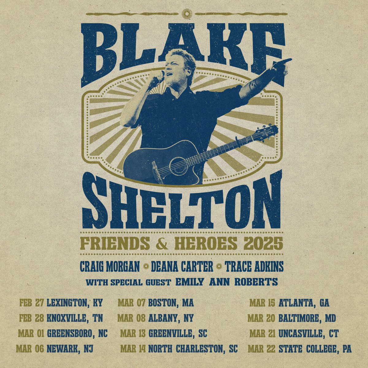 Officially less than ONE MONTH until the Friends &amp; Heroes Tour kicks off! Plus, Vegas next week!! Get tickets now at blakeshelton.com -Team BS