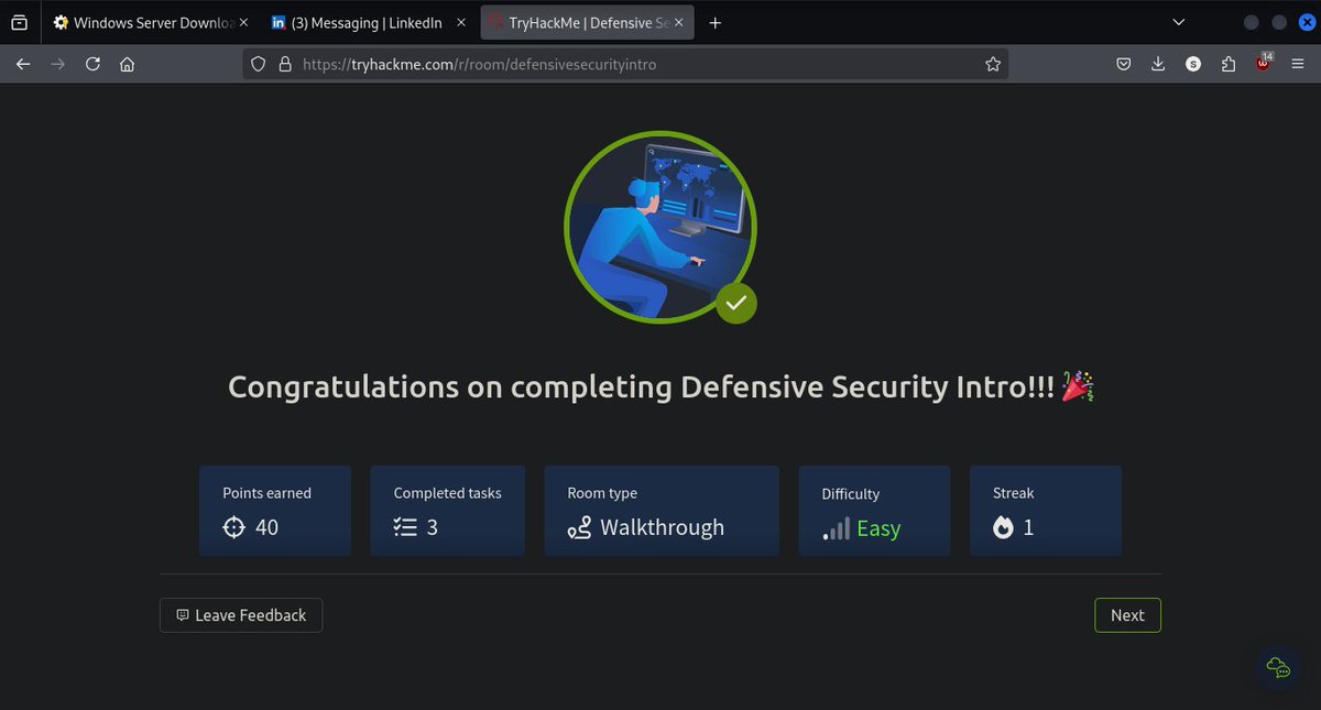 sany4sec's tweet photo. ��� Just completed the Defensive Security Intro Room on  TryHackMe! 🎉 It was an amazing experience that enhanced my skills in  protecting systems from threats. Excited to keep learning in the  cybersecurity field! #TryHackMe #Cybersecurity #DefensiveSecurity https://t.co/psaTkkMtz4
