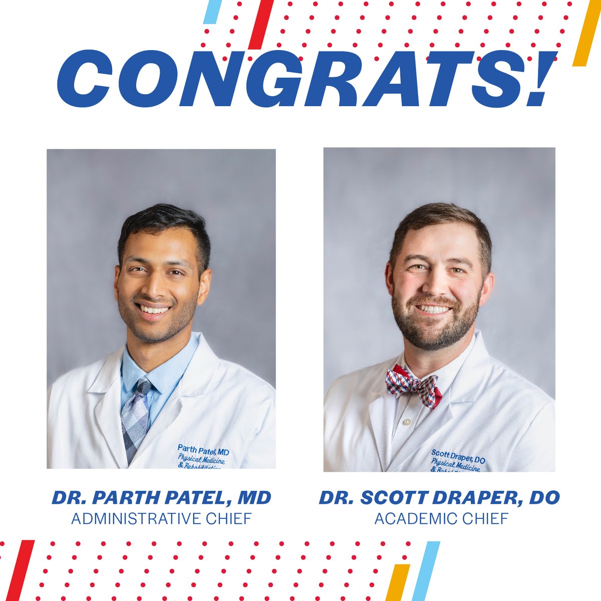Say hello, and congratulations, to our newest Co-Chief Residents for our 2025-2026 academic year: Drs. Parth Patel and Scott Draper! We are all looking forward to the positive impact you’ll bring to the team at KU PM&amp;R!
.
.
.
#KUMed #PMRResidents #PMRResidency #ChiefResidents