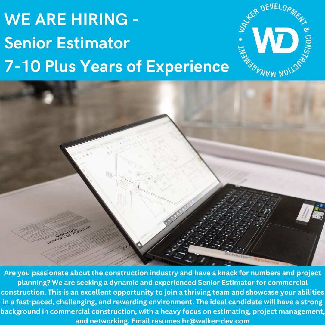 Our ESTIMATING TEAM continues to grow and is looking for an EXPERIENCED Senior Estimator. If you are an enthusiastic self-starter who is a skilled leader and team player with excellent communication skills, we would love to hear from you! EMAIL RESUMES: hr@walker-dev.com