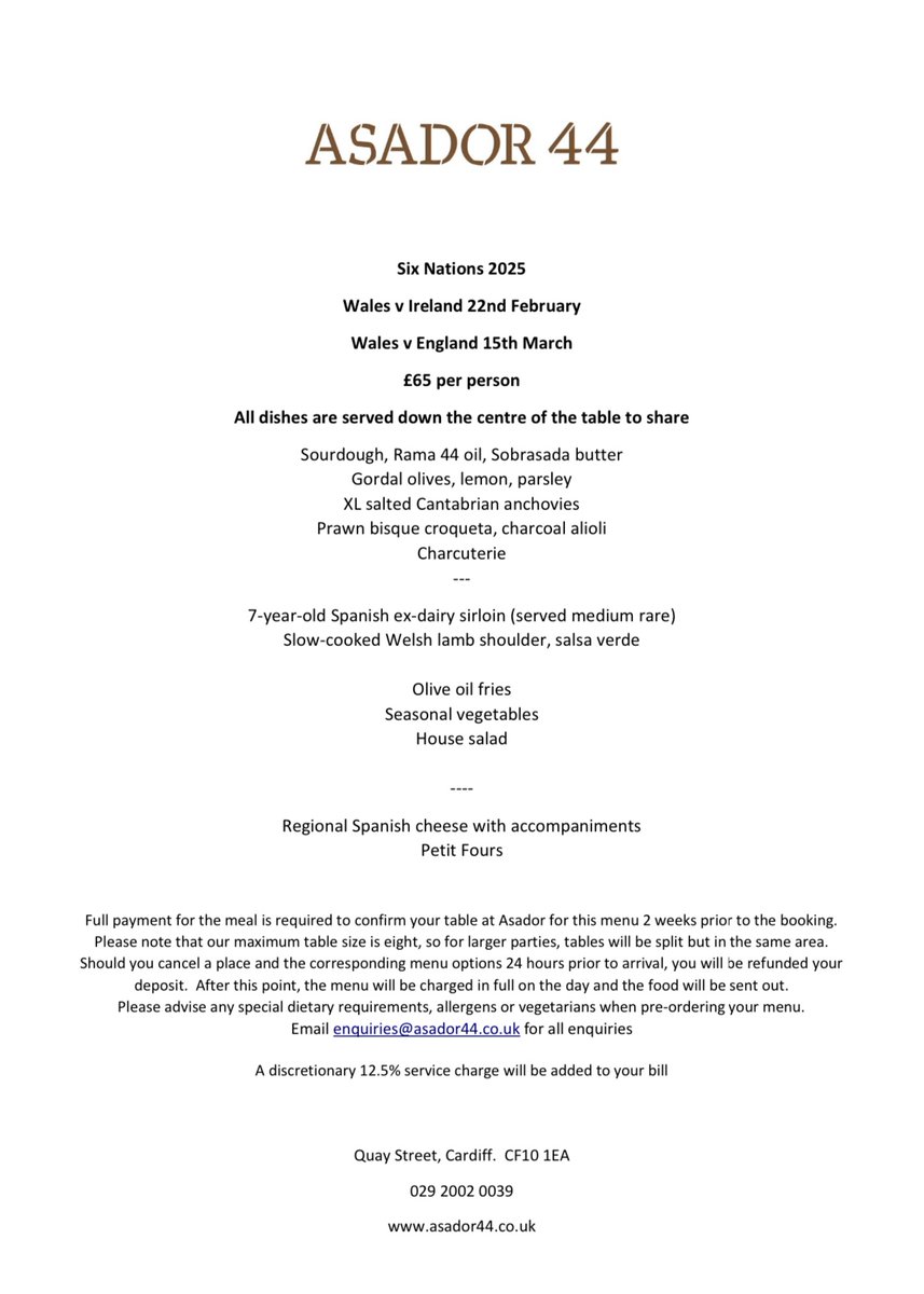 We have a few tables remaining for our Six Nations lunch before Wales v Ireland on Sat 22nd Feb! 🔥

We’ll be serving a delicious feast cooked over the fire, drinks will be flowing &amp; the atmosphere will be lively 🏉

Visit our website to book or call us on 029 2002 0039.