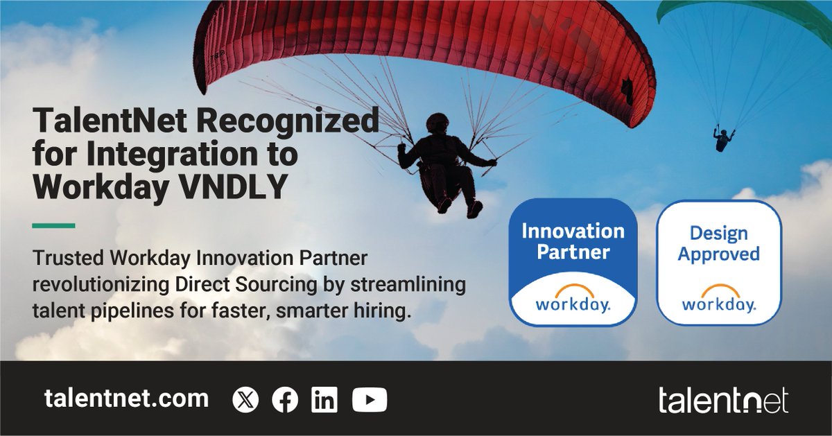 TalentNetInc's tweet image. 🚨 Big news! TalentNet earned the @Workday Design Approved badge for integrating with @Workday VNDLY VMS! 🚀 Smarter hiring, seamless workforce management &amp;amp; innovation in Direct Sourcing. Ready to transform recruitment? Visit TalentNet.com to learn more! #WorkdayPartner