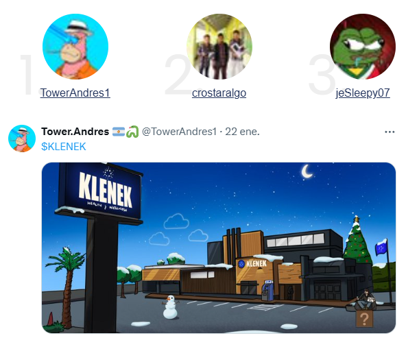 🎉 We have the winners of our weekly giveaway!!🎉

The prize token is @klenekcoinada ! 🏆

Each of you will receive ≈36,000 $KLENEK tokens! 💥

Please DM us with your wallet address to claim your prize!

<a href="/TowerAndres1/">Tower.Andres 🇦🇷🐍</a>
<a href="/crostaralgo/">Crostar.algo</a>
<a href="/jeSleepy07/">Chikim🐍🎩🎲</a> 🎊

If you weren’t among the lucky