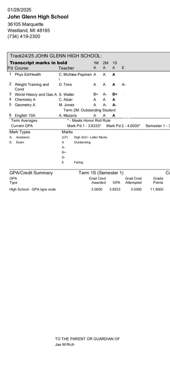 STUDENT-ATHLETE 3.8 Gpa for first semester card marking.