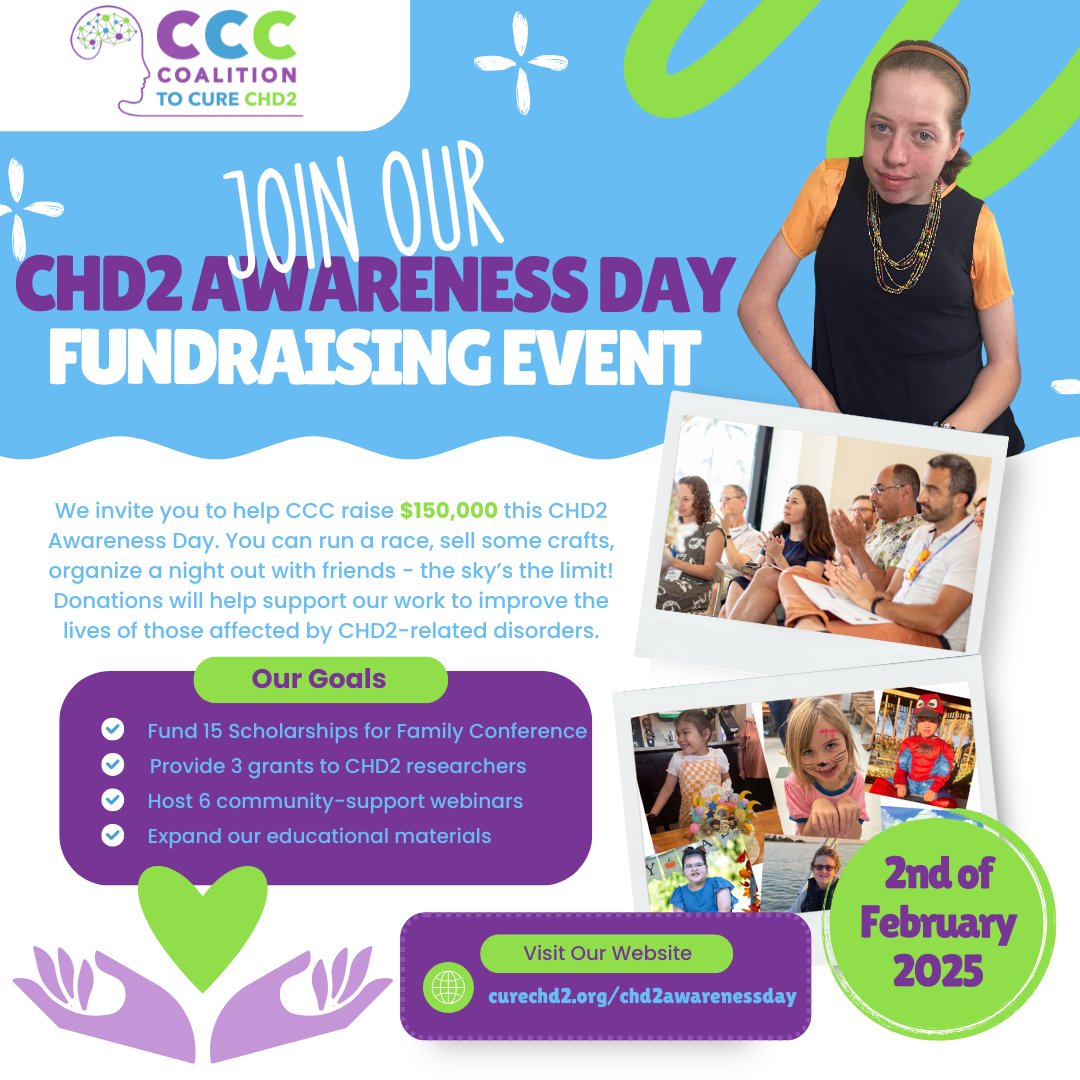 Coalition to Cure CHD2 (@curechd2) on Twitter photo CHD2 Awareness Day is coming up on Feb 2nd! Visit here to donate or create a fundraiser of your own: coalitiontocurechd2-bloom.kindful.com/chd2-awareness… Our fundraisers are off to a great start, but we need your help to reach our goal of $150,000 by February 28 (Rare Disease Day). Please help improve lives! CHD2 Awareness Day is coming up on Feb 2nd! Visit here to donate or create a fundraiser of your own: coalitiontocurechd2-bloom.kindful.com/chd2-awareness… Our fundraisers are off to a great start, but we need your help to reach our goal of $150,000 by February 28 (Rare Disease Day). Please help improve lives!