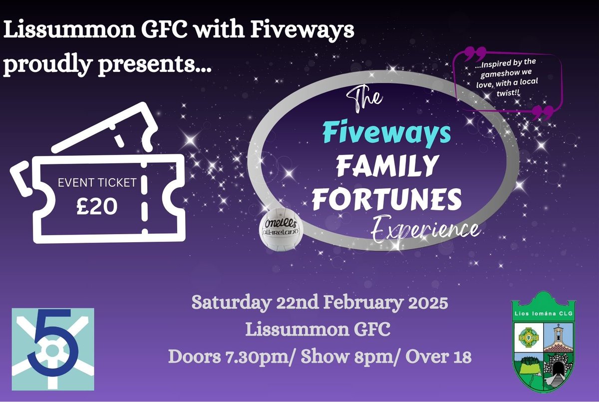 And the survey says ..:
The first round of tickets for our highly-anticipated Fiveways Family Fortunes Experience event on Saturday, 22nd February will be launched on *Friday, 31st January, from 8-9pm at the club.  Limited availability: <a href="/cladygfc/">cladygfc</a> <a href="/mullabrackgfc/">Mullabrackgfc</a> <a href="/GlennGAA/">Glenn GAC</a>