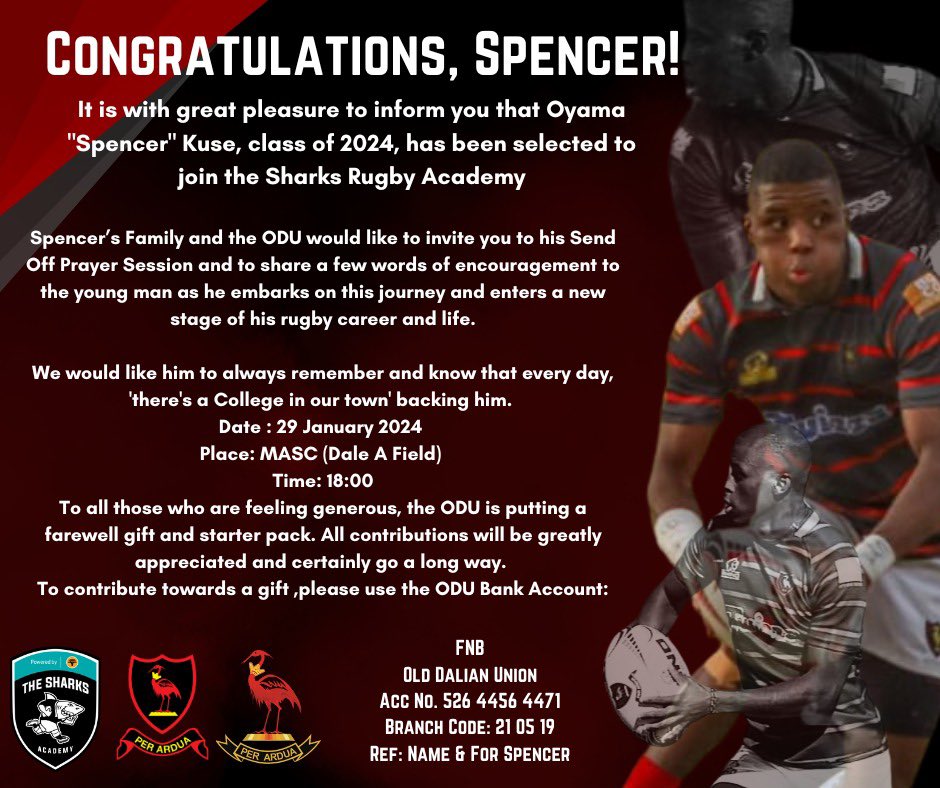It is with great pleasure that we inform you that Oyama "Spencer" Kuse has been selected to join the Sharks Rugby Academy. 
This is a very proud moment for our school, the ODU, and our town.🎊🎊
