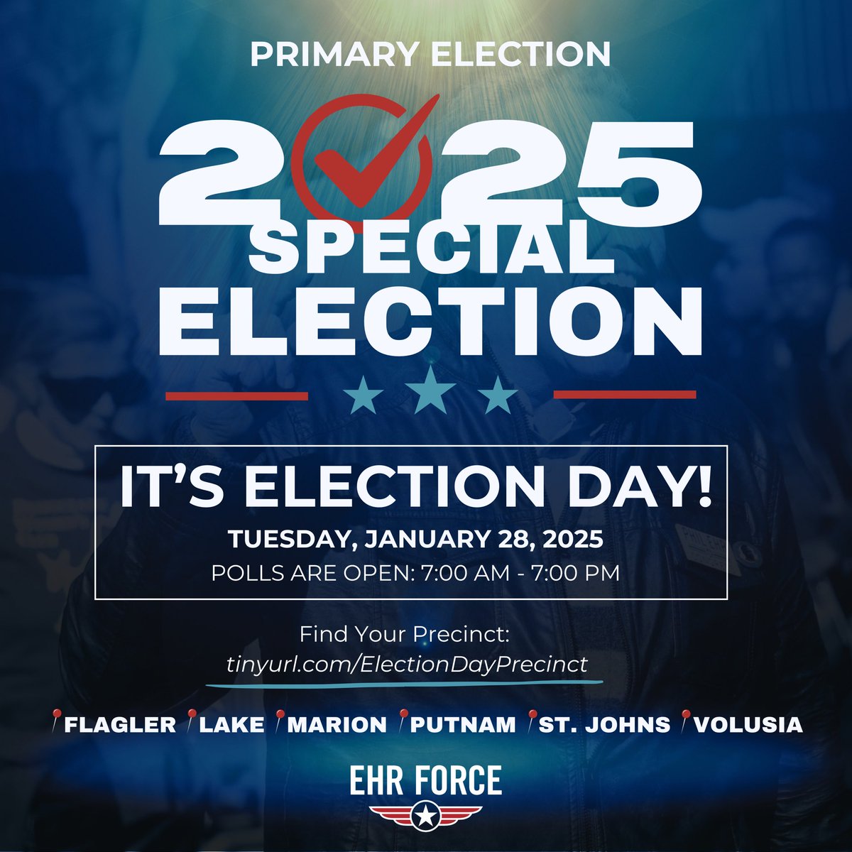 EhrForce's tweet photo. It’s Primary #ElectionDay in #Flagler, #Lake, #Marion, #Putnam, #StJohns, & #Volusia! Polls are open until 7pm—vote at your assigned precinct. NO WAIT! Stop by at lunch, cast your vote, and hold promise-makers accountable. Let’s get this country back on track! #WereDoneWaiting