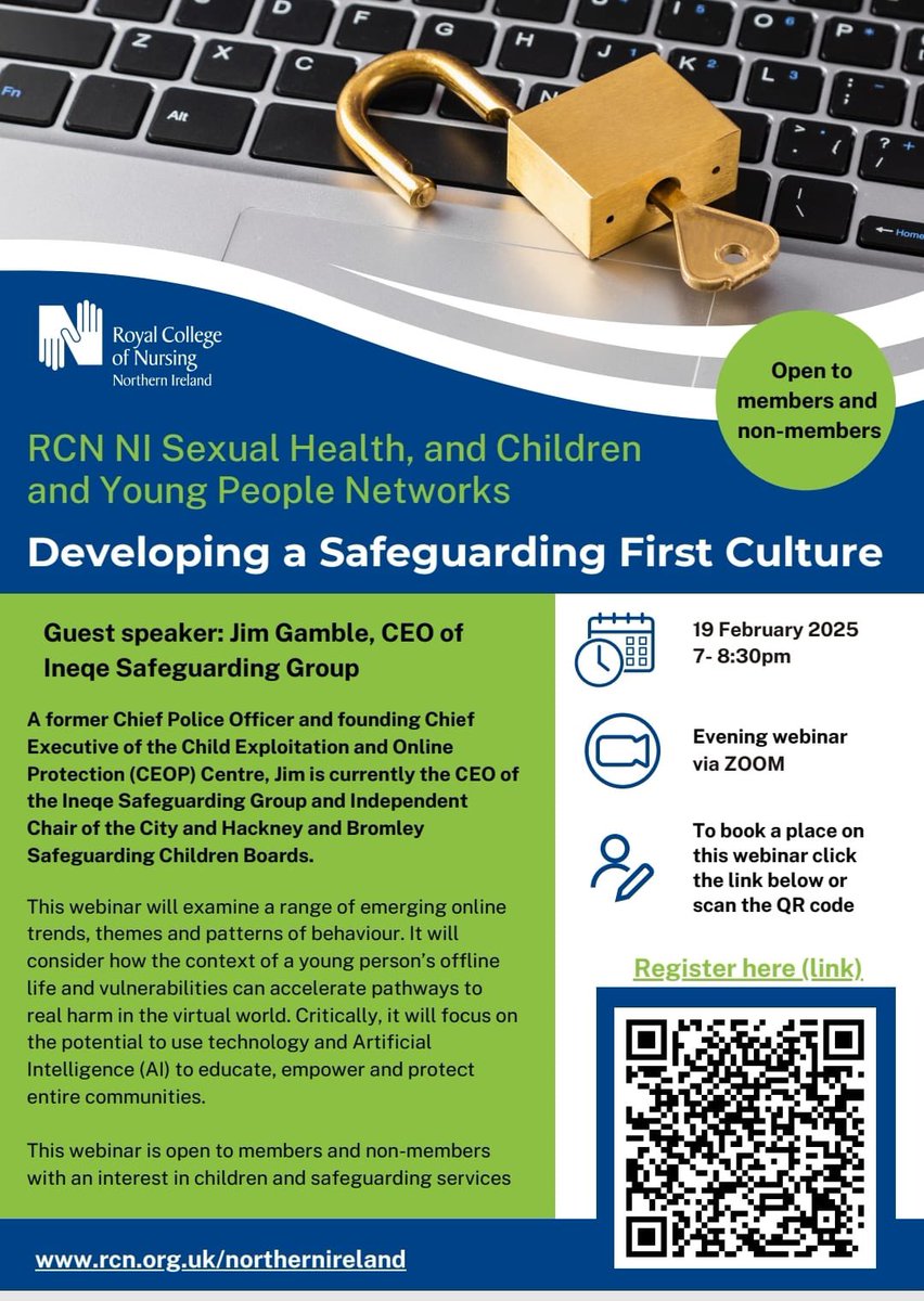 EimearNursing's tweet photo. The @RCN_NI Children and Young People’s network is working alongside the NI sexual health network to facilitate a great new event on safeguarding with former chief of police Jim Gamble. 

Join us on the evening of the 19th!  

@theRCN @RCNNI_Students @QUBSONM @CYPQUB @QUBNSOC https://t.co/UFRkuFkMN3