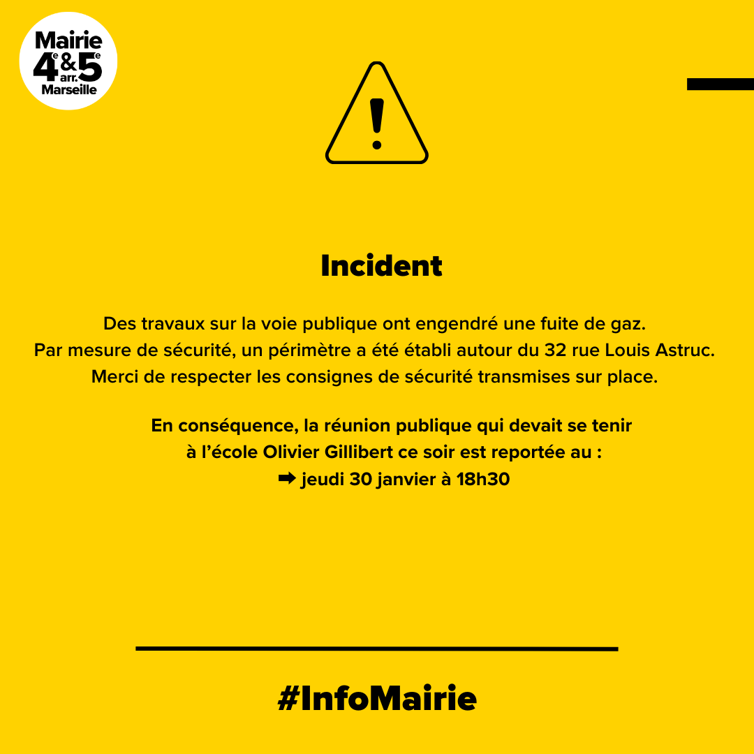 #INFOMAIRIE I L’intervention en cours du BMPM et de GRDF sur une importante fuite de gaz rue Louis Astruc (5e) a entraîné l’évacuation de quelques riverains et le confinement des 140 élèves de l’école Gillibert. Toutes les mesures sont prises pour assurer la sécurité de tous.