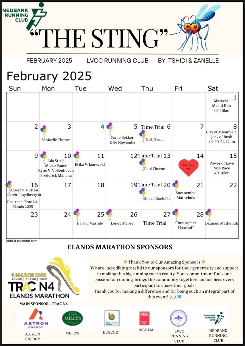 NedbankL's tweet image. 🚀 The Sting – February 2025 is here! 🏃‍♂️🔥

New year, new goals, same unstoppable running family! 💪 Stay motivated, stay consistent, and let’s crush 2025 together. Check out this month’s edition for all the latest club updates!

#LVCCRunningClub #TheSting #KeepRunning
