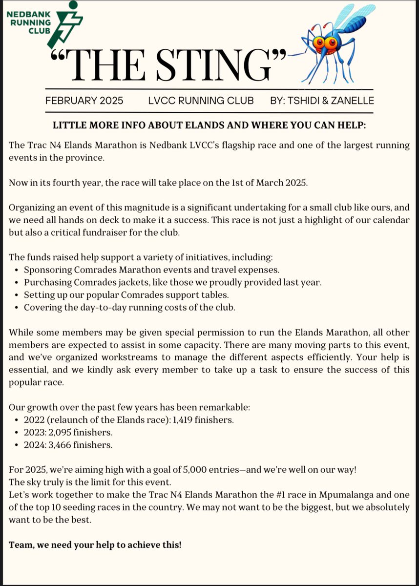 NedbankL's tweet image. 🚀 The Sting – February 2025 is here! 🏃‍♂️🔥

New year, new goals, same unstoppable running family! 💪 Stay motivated, stay consistent, and let’s crush 2025 together. Check out this month’s edition for all the latest club updates!

#LVCCRunningClub #TheSting #KeepRunning