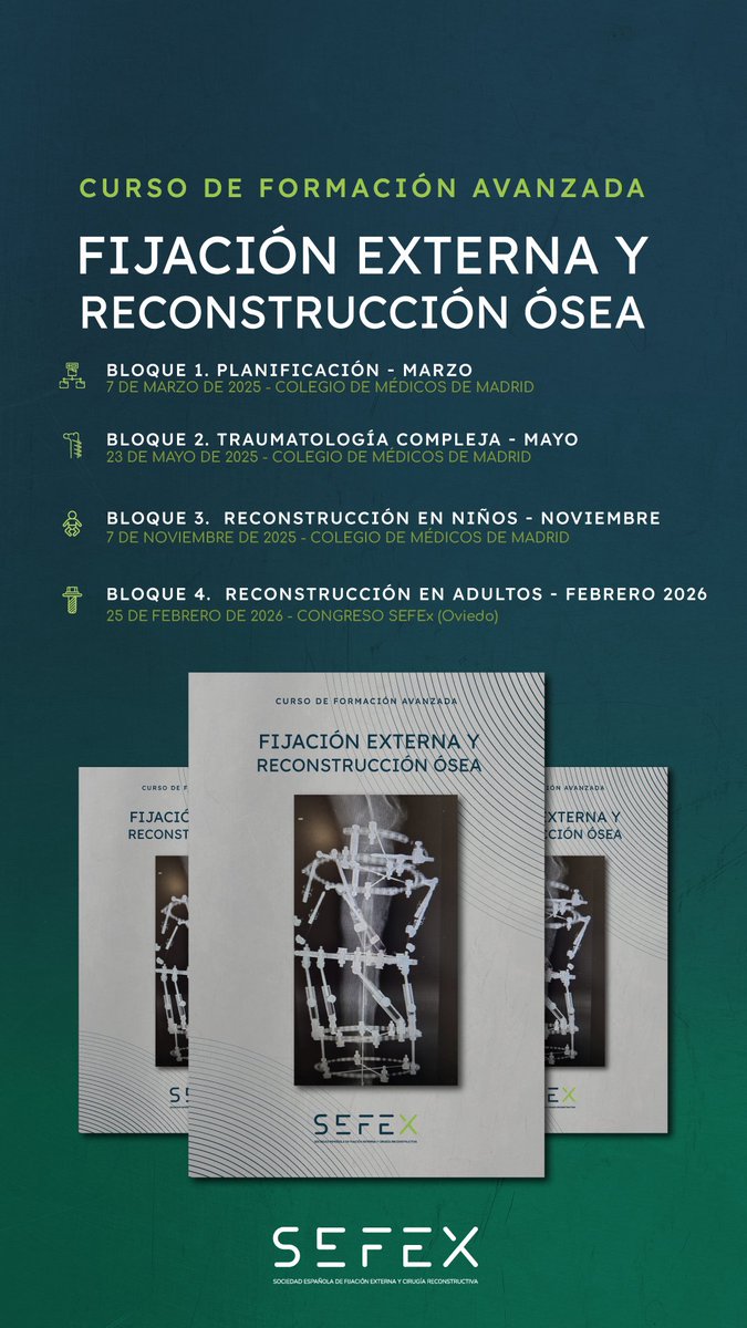 ¿Conoces nuestro Curso de Formación Avanzada de Fijación Externa y Reconstrucción Ósea?🤔

- Planificación
- Traumatología compleja
- Reconstrucción en niños
- Reconstrucción en adultos

Consulta toda la información aquí📲bsj.servicioapps.com/w/curso-avanza…