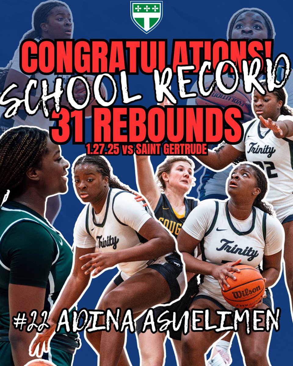 Congratulations to Adina Asuelimen '26 who is now the single-game rebound record holder at Trinity Episcopal School with 31 rebounds in a single game!

An amazing accomplishment and feat in a very tough game vs. Saint Gertrude!

#tesathletics #titanup #tesgirlsbasketball