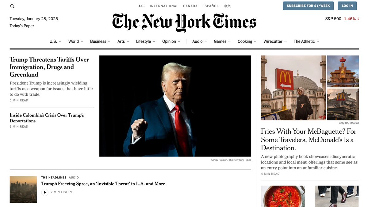 McAtlas above the NYT (digital) fold this morning alongside Donald Trump. Check out the article here: nytimes.com/2025/01/28/tra…