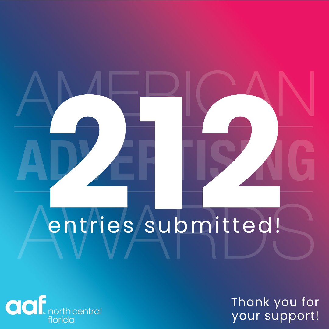 aafncfl's tweet photo. Thank you North Central Florida! We received 212 entries! That's a 52% increase over last year! We can't wait to showcase the winners on Feb. 27th at the 2025 AAF-NCFL American Advertising Awards! Ticket info coming soon. #aaf, #aafncfl, #winanaddy https://t.co/Ub6cLEfvvx