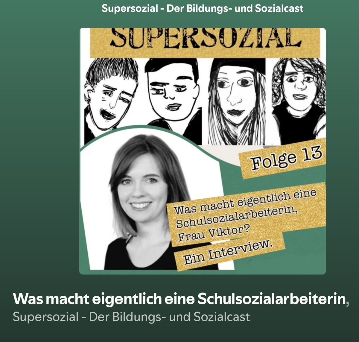 #Schulsozialarbeit - darum geht's
in der neuen Folge des Bildungs- &amp; Sozialcasts <a href="/supersozial/">Supersozial Podcast</a>.
<a href="/IsabelRuland/">Isabel Ruland 📯 | @isabelruland@nrw.social</a> hat die Bonner Schulsozialarbeiterin Rebekka Viktor interviewt - hört rein auf Spotify👂 ➡️open.spotify.com/episode/1w9EJq…
Oder im 🍏Apple Podcast👂
➡️podcasts.apple.com/de/podcast/was…
1/