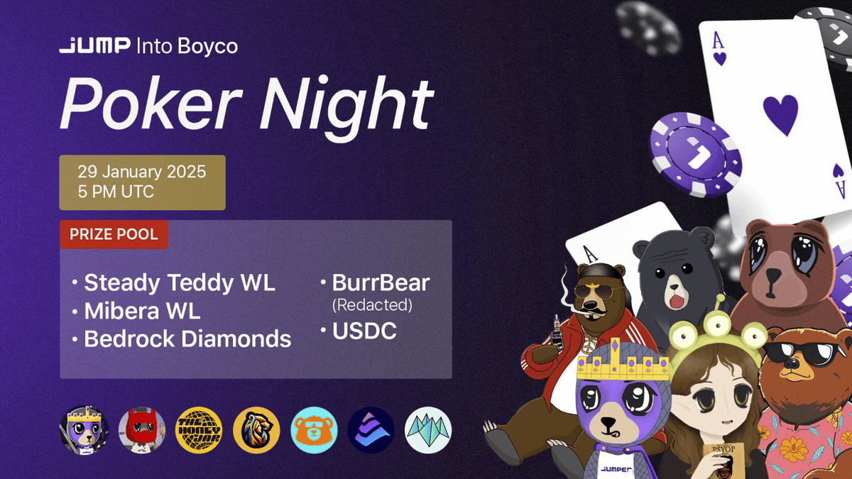 Jumper (@jumperexchange) on Twitter photo π’ Jump into Boyco Poker Night
We have teamed up with the chads from <a href="/steadyteddys/">steady teddys π§ΈβοΈ</a>, <a href="/0xhoneyjar/">the honey jar πΌβοΈβπ§²</a>, <a href="/goldilocksmoney/">Goldilocks</a>, <a href="/moneygoesburr/">BurrBear</a>, <a href="/Bedrock_DeFi/">Bedrock | BR is LIVE</a>, and <a href="/origami_fi/">Origami Finance</a> to bring you a poker night you've never seen before!
ποΈ Prize Pool
- 1 x Steady Teddy WL
- 5 x Mibera WL
- π’ Jump into Boyco Poker Night
We have teamed up with the chads from <a href="/steadyteddys/">steady teddys π§ΈβοΈ</a>, <a href="/0xhoneyjar/">the honey jar πΌβοΈβπ§²</a>, <a href="/goldilocksmoney/">Goldilocks</a>, <a href="/moneygoesburr/">BurrBear</a>, <a href="/Bedrock_DeFi/">Bedrock | BR is LIVE</a>, and <a href="/origami_fi/">Origami Finance</a> to bring you a poker night you've never seen before!
ποΈ Prize Pool
- 1 x Steady Teddy WL
- 5 x Mibera WL
-