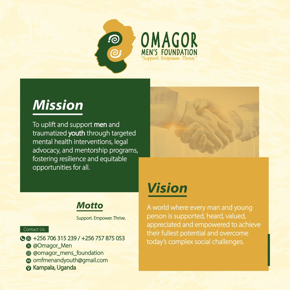 🌼✨🌼✨🌼✨🌼✨🌼✨🌼✨

Omagor Men’s Foundation (OMF) is a non-governmental organization dedicated to advocating and aspiring to be a Centre for building a future of healing, empowerment, and justice for men, youth, and families. || United by purpose, &amp; driven by passion.