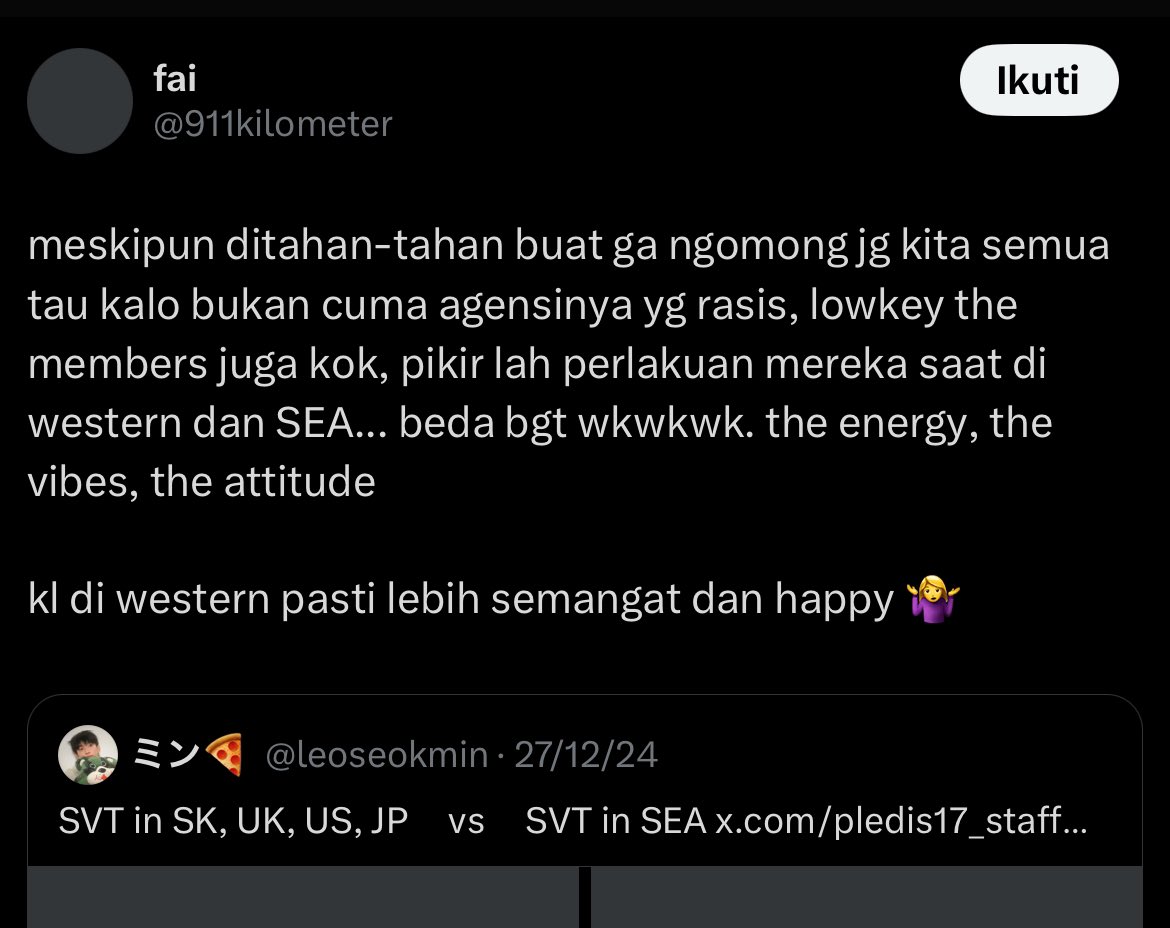 xolovelyody's tweet photo. baru bulan lalu carat ngeluh idolnya ogah ogahan waktu konser di SEA
mereka bandingun SEA vs west, di SEA males malesan

akui aja idolmu aslinya males ke indo, cuma butuh duit lu doang🤭🤏 https://t.co/8SiwGAax8C
